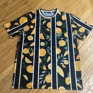 SouthPole XL Tropical Citrus Print T-Shirt – Fruit Graphic, Striped Streetwear